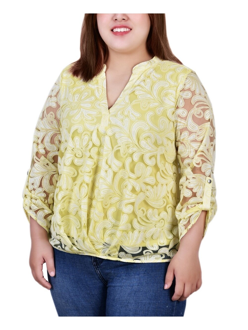 NY Collection Plus Size Long S Yellow Scrolleaf 1X